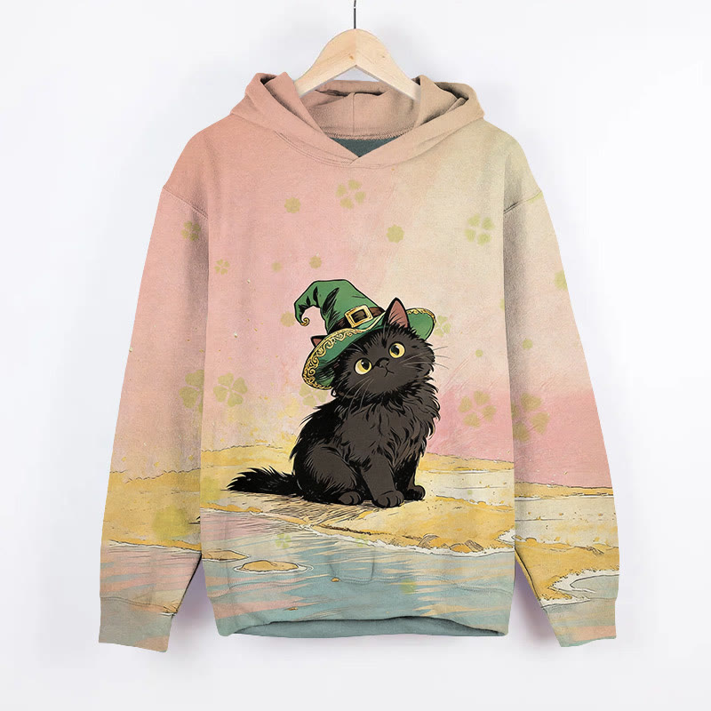  St. Patrick's Day Wizard Hat Black Cat Art Print Long Sleeve Hoodie - Pink - US44-46(8XL) - image 2