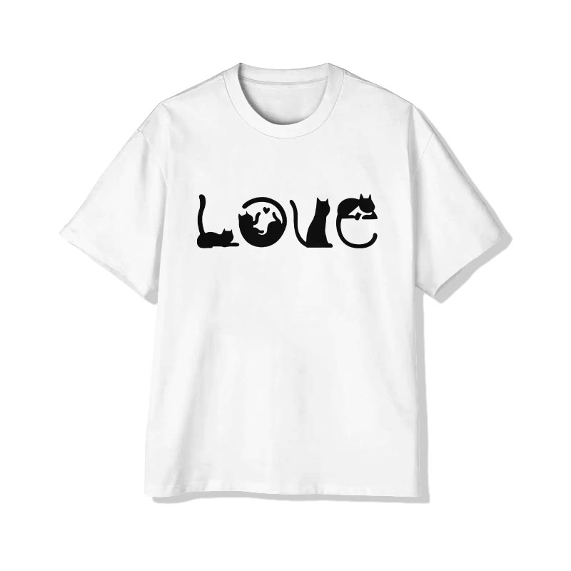 Unisex LOVE Letter Cat Print Short Sleeved Crew Neck T-shirt - White - 2XL - image 2