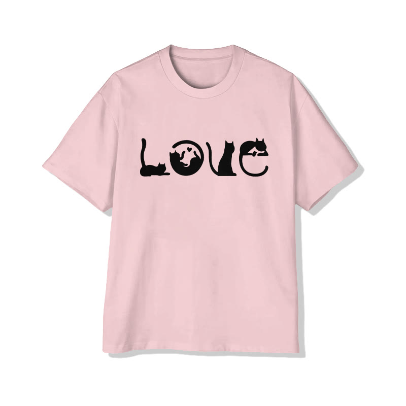 Unisex LOVE Letter Cat Print Short Sleeved Crew Neck T-shirt - Pink - 2XL - image 1