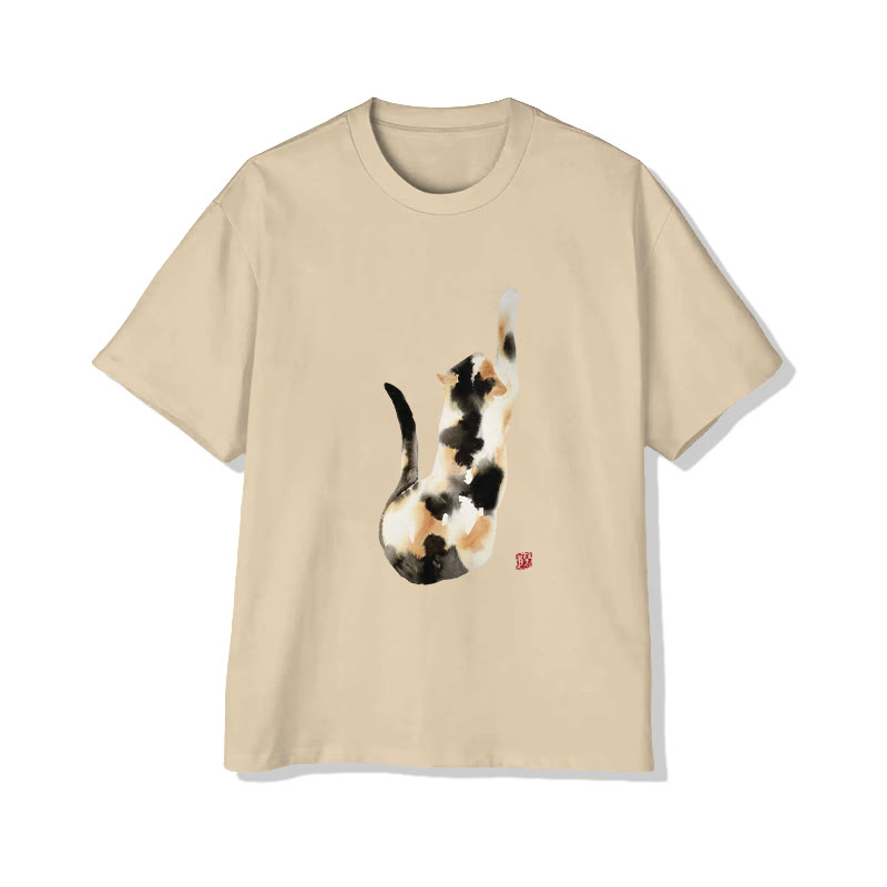 Unisex Watercolor Mixed-color Cat Print Short Sleeved Crew Neck T-shirt - Apricot - 2XL - image 2