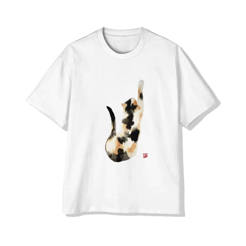 Unisex Watercolor Mixed-color Cat Print Short Sleeved Crew Neck T-shirt - White - 2XL - image 1