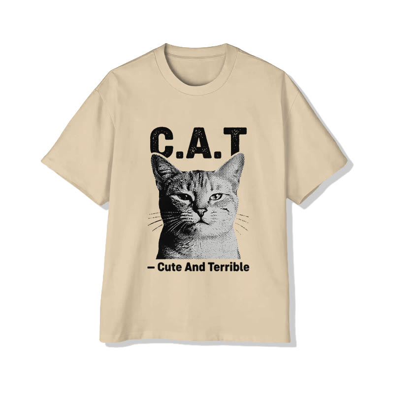 Unisex C.A.T Cute And Terrible Print Short Sleeved Crew Neck T-shirt - Apricot - 2XL - image 2