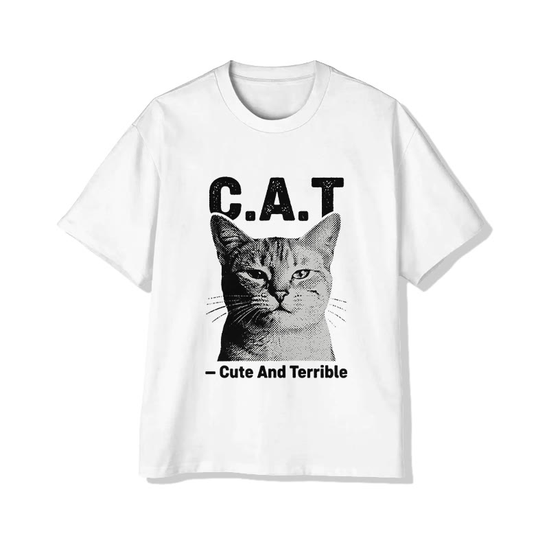 Unisex C.A.T Cute And Terrible Print Short Sleeved Crew Neck T-shirt - White - 2XL - image 1