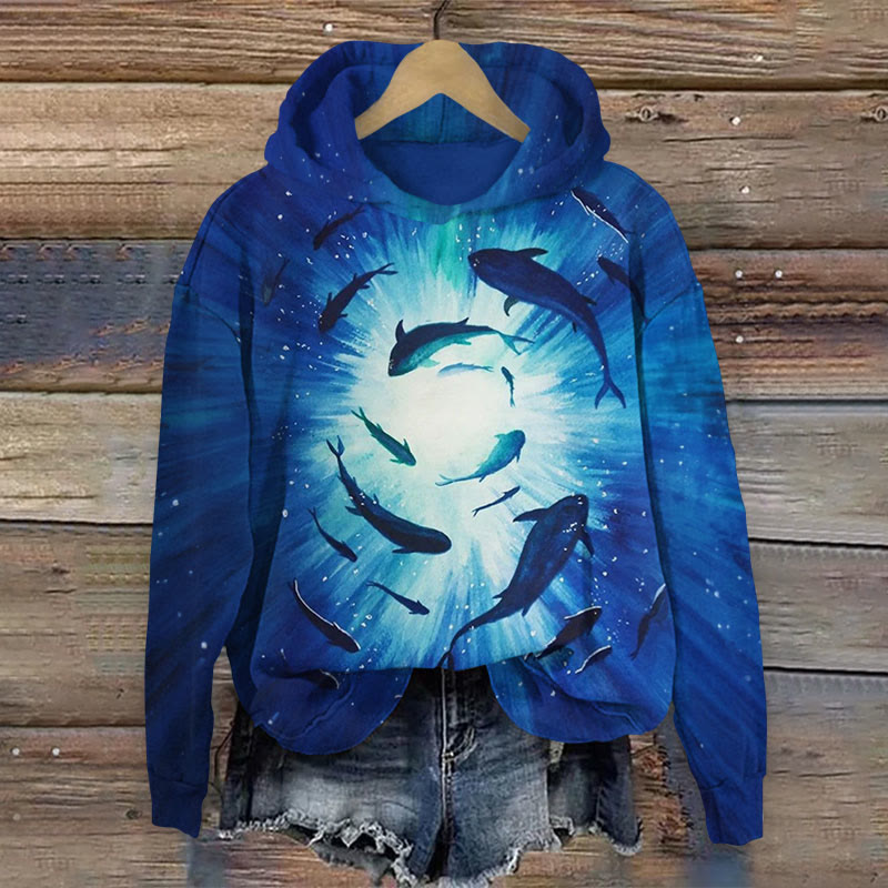 Creative Ocean Dolphin Circle Print Long Sleeved Hoodie - Blue - US44-46(8XL) - image 1