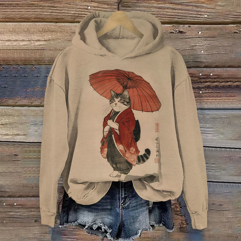 Japanese Ukiyo-e Cat Holding Umbrella Print Long Sleeved Hoodie - Brown - US44-46(8XL) - image 1
