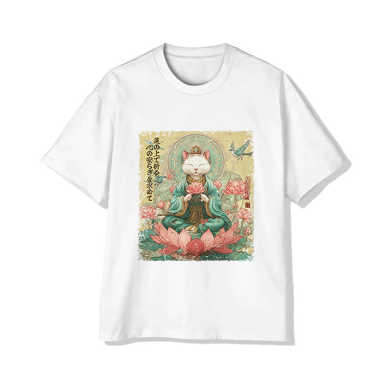 Unisex Japanese Love & Peace Lotus White Cat Print Short Sleeved Crew Neck T-shirt - White - 2XL - image 2