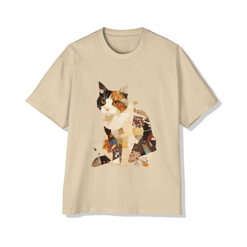 Unisex Funny Cat In Patchwork Clothes Print Short Sleeved Crew Neck T-shirt - Apricot - 2XL - image 3