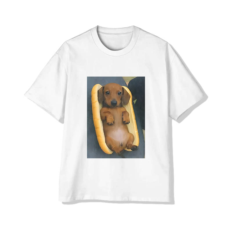 Unisex Cute Dog In The Bread Print Short Sleeved Crew Neck T-shirt - White - 2XL - image 1