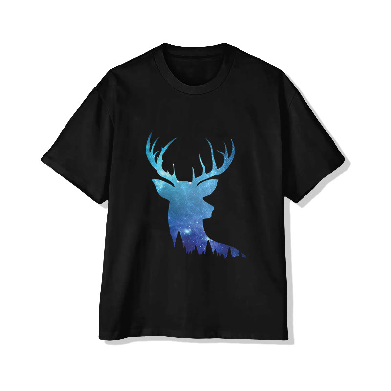 Unisex Ombre Glowing Reindeer Print Short Sleeved Crew Neck T-shirt - Black - 2XL - image 2