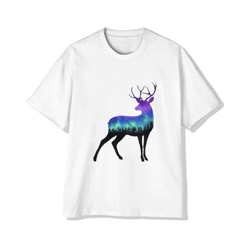 Unisex Fantasy Forest Reindeer Pattern Print Short Sleeved Crew Neck T-shirt - White - 2XL - image 2
