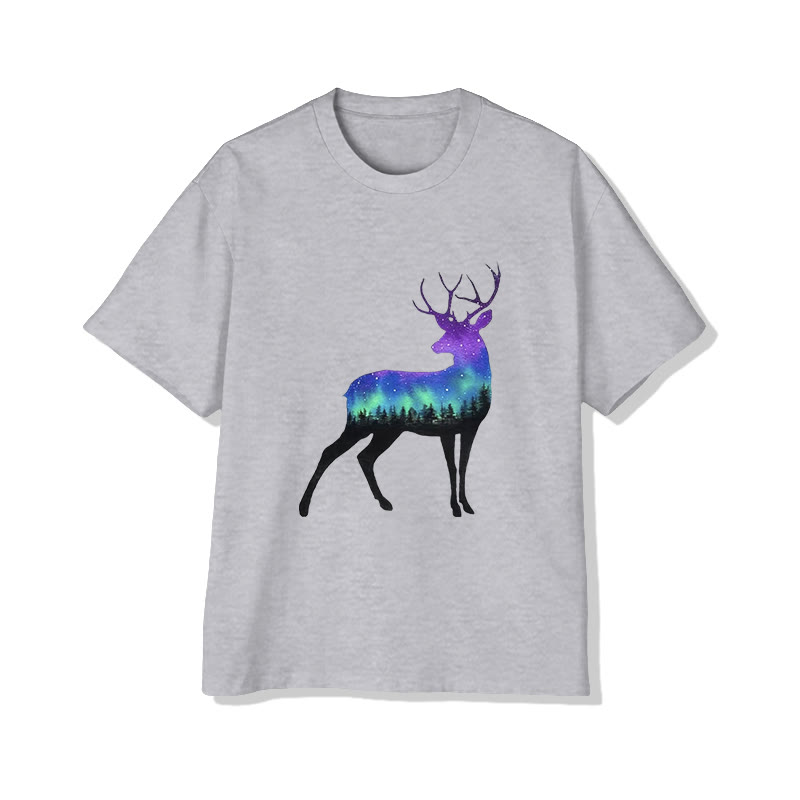 Unisex Fantasy Forest Reindeer Pattern Print Short Sleeved Crew Neck T-shirt - Grey - 2XL - image 1