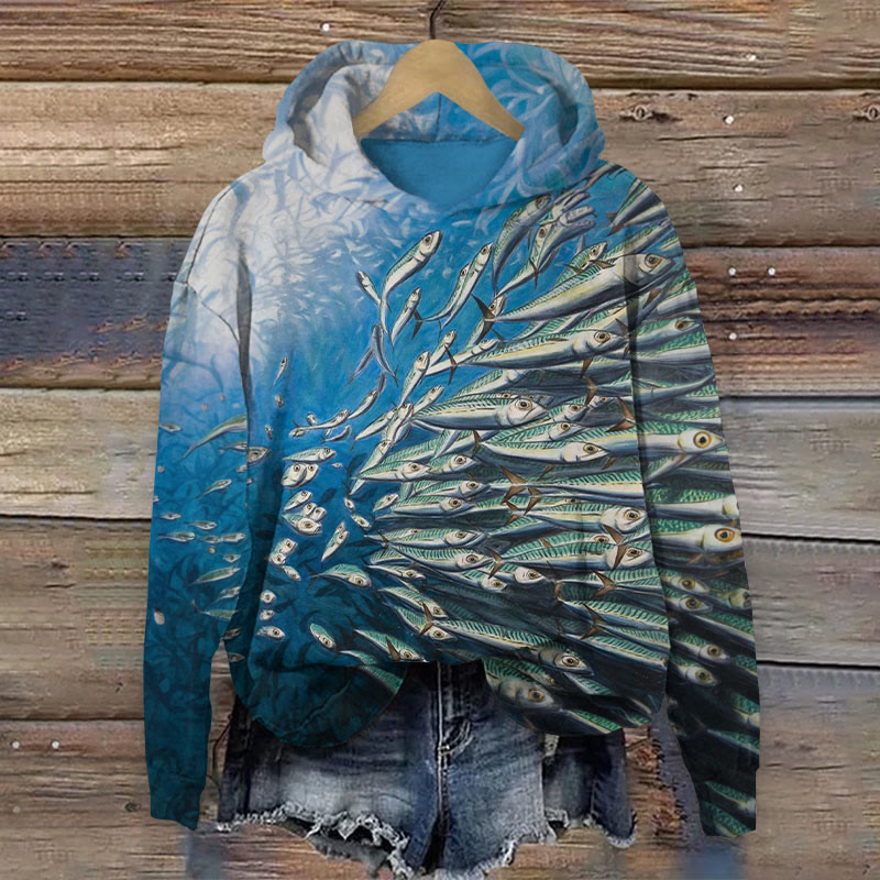 Spectacular Sardines Fish School Art Print Long Sleeved Hoodie - Blue - US44-46(8XL) - image 1
