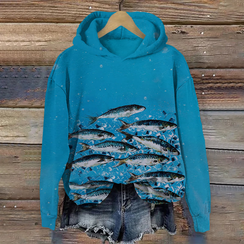 Retro Watercolor Sardines Art Print Long Sleeved Hoodie - Blue - US44-46(8XL) - image 1