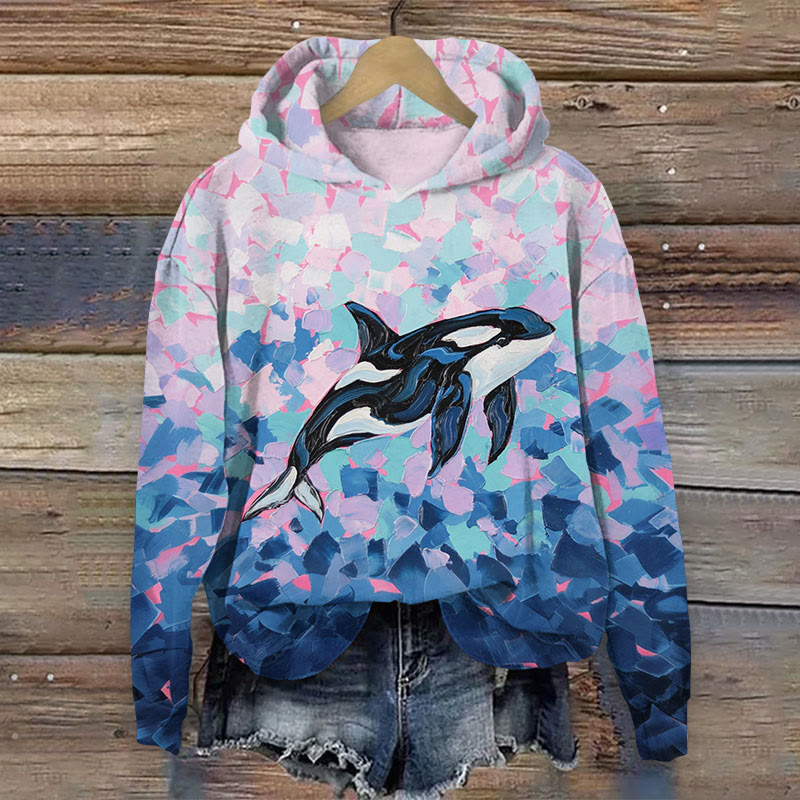 Color Block Patchwork Orca Art Print Long Sleeved Hoodie - Blue - US44-46(8XL) - image 1