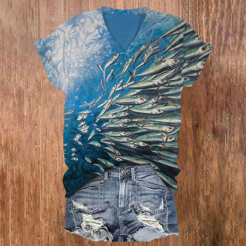 Spectacular Sardines Fish School Art Print Short Sleeved V-neck T-shirt - Blue - US32-34(5XL) - image 1