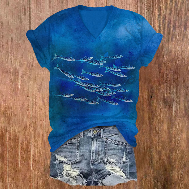 Vintage Small Ocean Fish Short Sleeved V-neck T-shirt - Blue - US32-34(5XL) - image 1