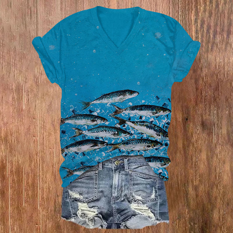 Retro Watercolor Sardines Art Short Sleeved V-neck T-shirt - Blue - US32-34(5XL) - image 1