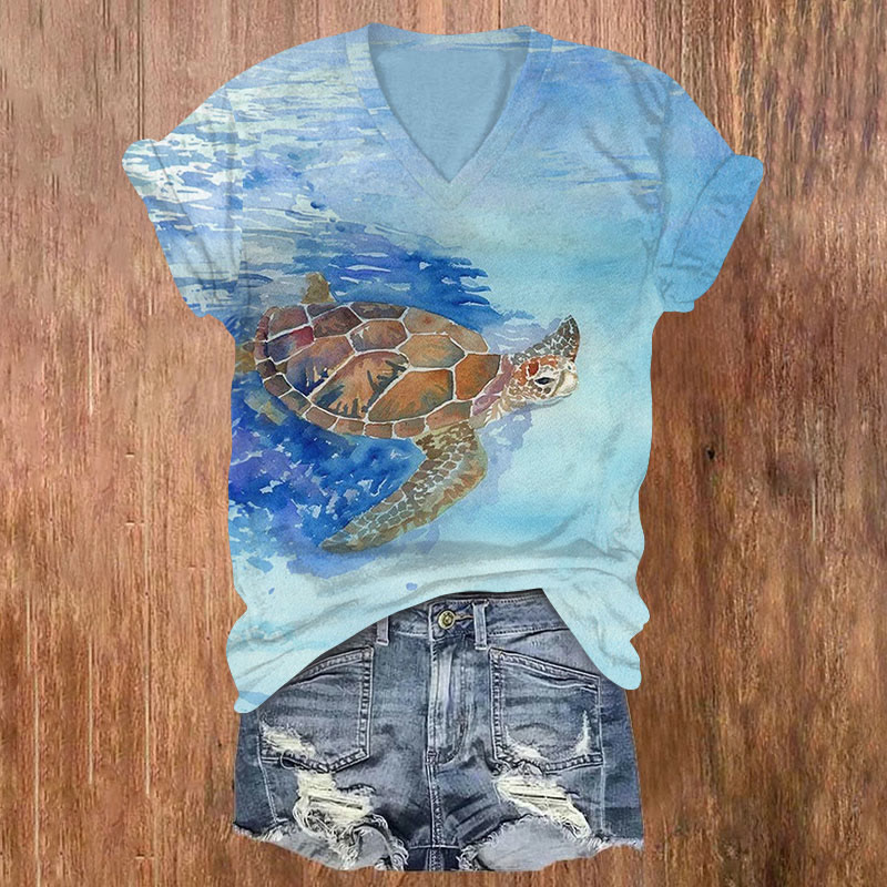 Vintage Watercolor Sea Turtle Short Sleeved V-neck T-shirt - Sky Blue - US32-34(5XL) - image 1