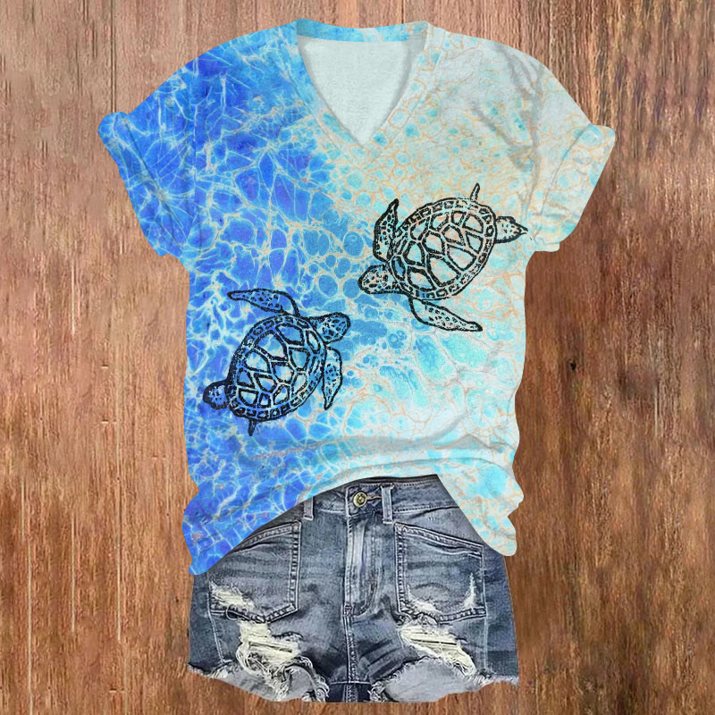 Ink Watercolor Sea Turtle Print Short Sleeved V-neck T-shirt - Blue - US32-34(5XL) - image 1