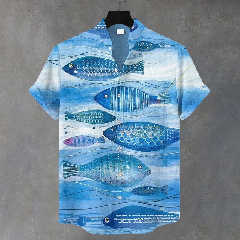 Men's Japanese Retro Fish Print Casual Shirt - Blue - 5XL - image 1