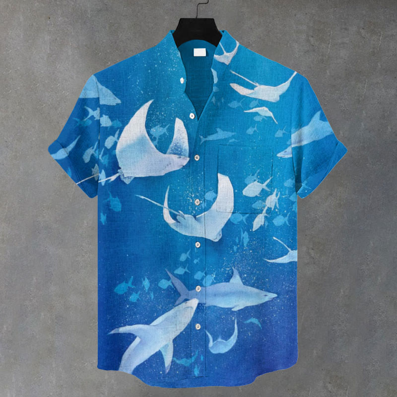 Men's  Deep Ocean Ray And Shark Print Casual Shirt - Blue - 5XL - image 1