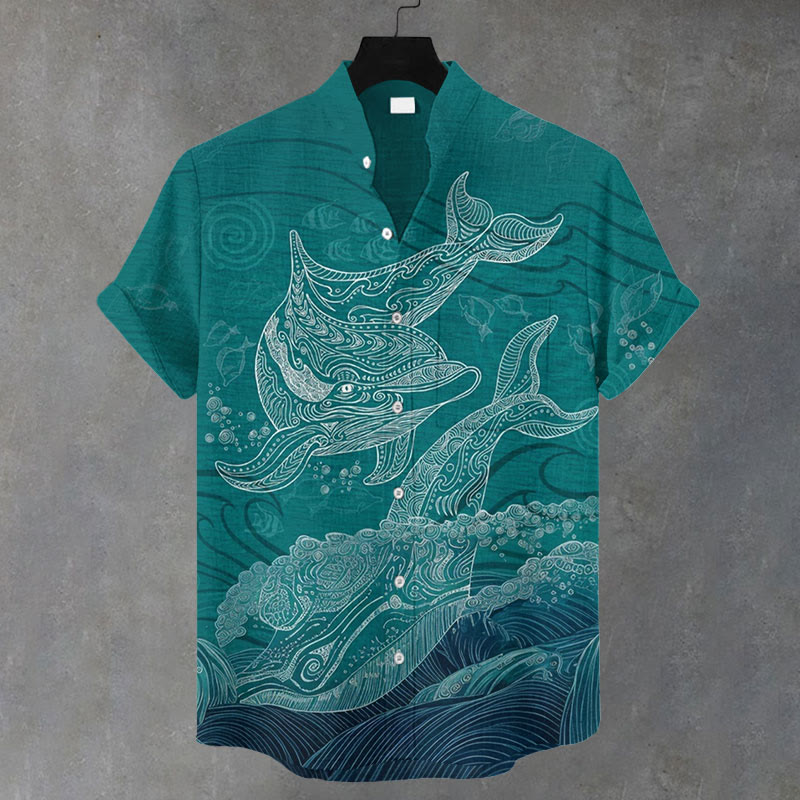 Men's Whales And Waves Print Casual Shirt - Green - 5XL - image 1