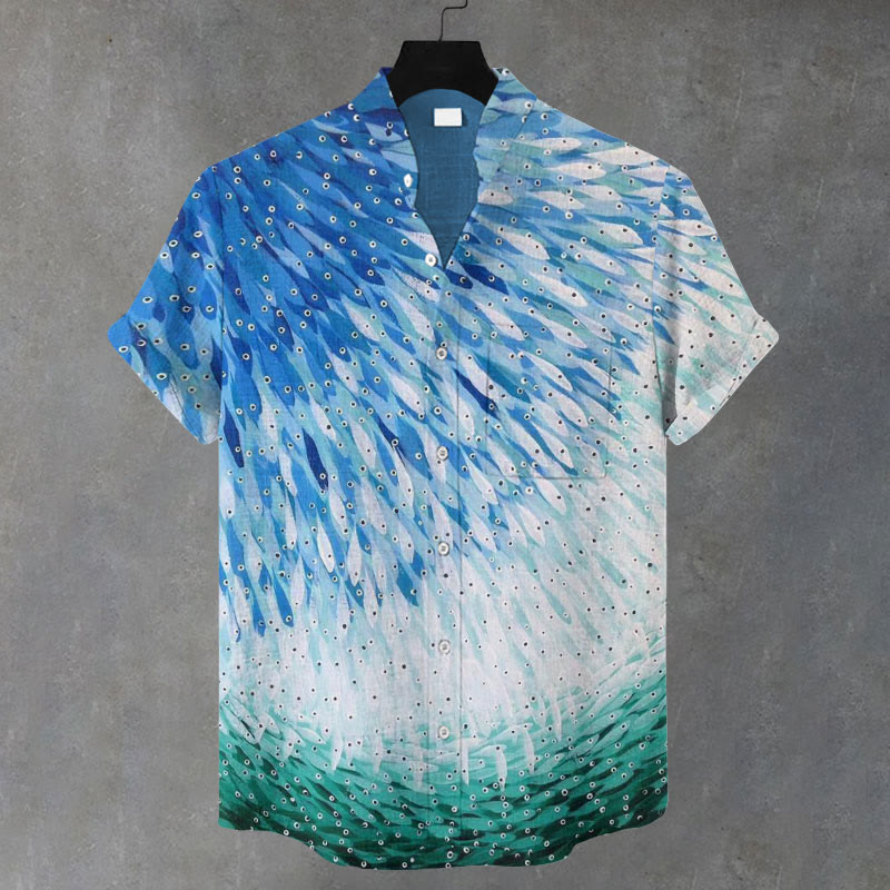 Men's Marine Gradient  Fish Shape Print Casual Shirt - Blue - 5XL - image 1