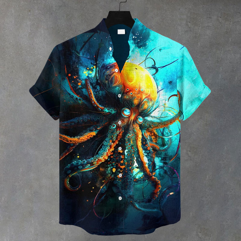 Men's Neon Octopus Print Casual Shirt - Dark Blue - 5XL - image 1