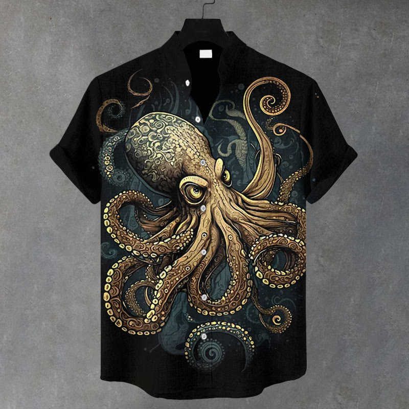 Men's Vintage Patterned Octopus Print Casual Shirt - Black - 5XL - image 1