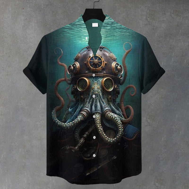 Men's  Steampunk Octopus Print Casual Shirt - Dark Green - 5XL - image 1