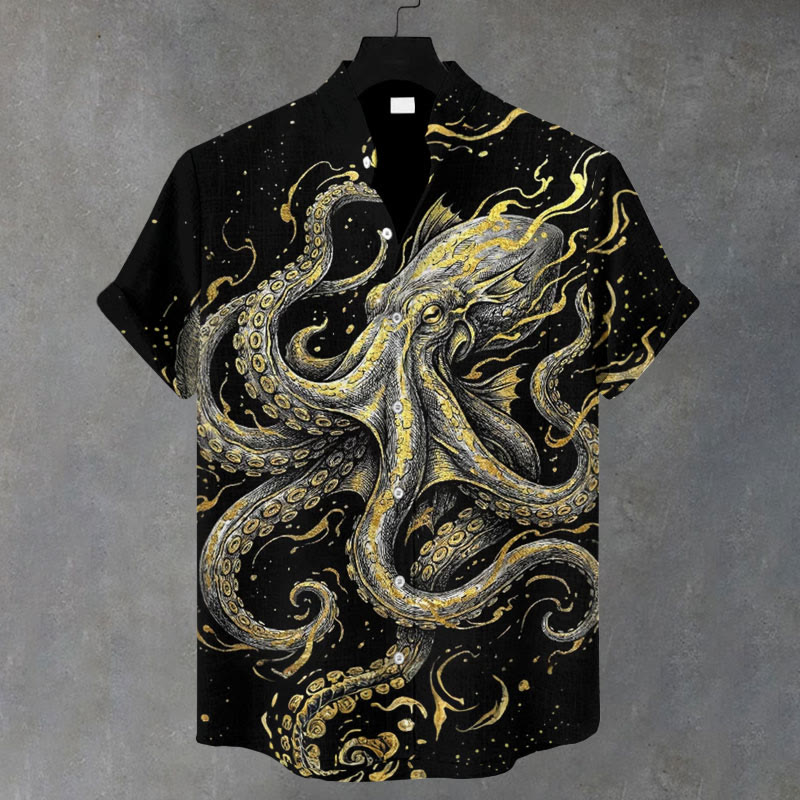 Men's  Retro Octopus Print Casual Shirt - Black - 5XL - image 1