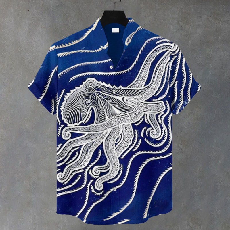 Men's  Striped Octopus Print Casual Shirt - Royal Blue - 5XL - image 1
