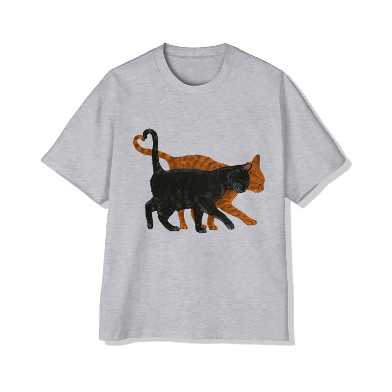 Unisex Black And Orange Cat Love Print Short Sleeved Crew Neck T-Shirt - Grey - 2XL - image 2