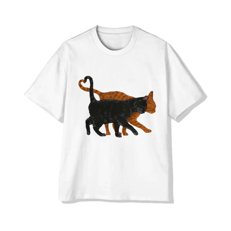 Unisex Black And Orange Cat Love Print Short Sleeved Crew Neck T-Shirt - White - 2XL - image 1