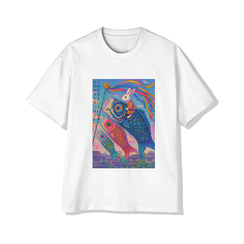 Unisex Japanese Koi Fish And Rabbits Print Short Sleeved Crew Neck T-Shirt - White - 2XL - image 1