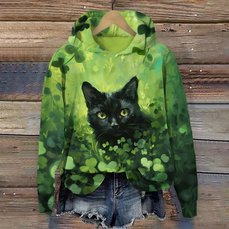 St. Patrick's Day Black Cat And Four Leaf Clover Print Long Sleeved Hoodie - image 2