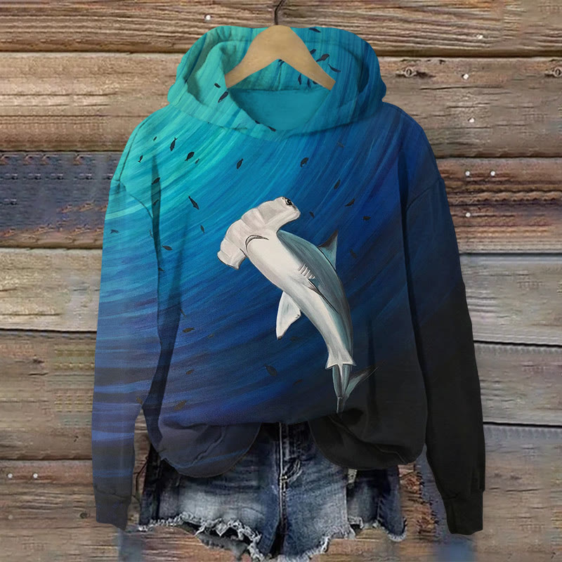 Hammerhead Shark Print Long Sleeved Hoodie - Dark Blue - US44-46(8XL) - image 1