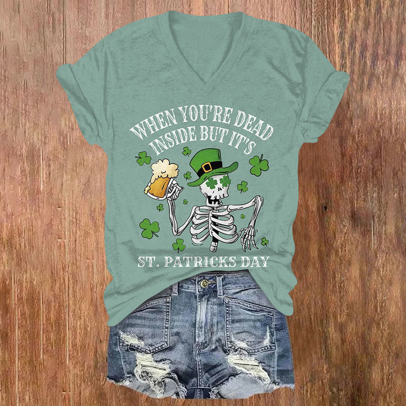 Dead Inside Skeleton  St. Patrick's Day Mode Activated Short Sleeved V-Neck T-Shirt - Light Green - US32-34(5XL) - image 3