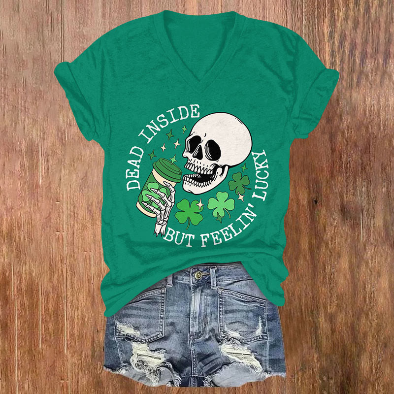 St. Patrick's Day Dead Inside But Feelin' Lucky Short Sleeved V-Neck T-Shirt - Green - US32-34(5XL) - image 1