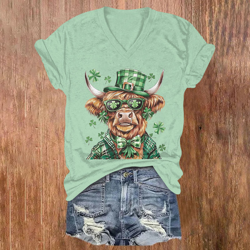 St. Patrick's Day Highland Cattle Print Short Sleeved V-Neck T-Shirt - Light Green - US32-34(5XL) - image 1