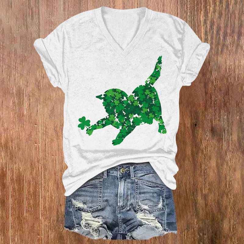 St. Patrick's Day  Lucky Cat Print Short Sleeved V-Neck T-Shirt - White - US32-34(5XL) - image 1