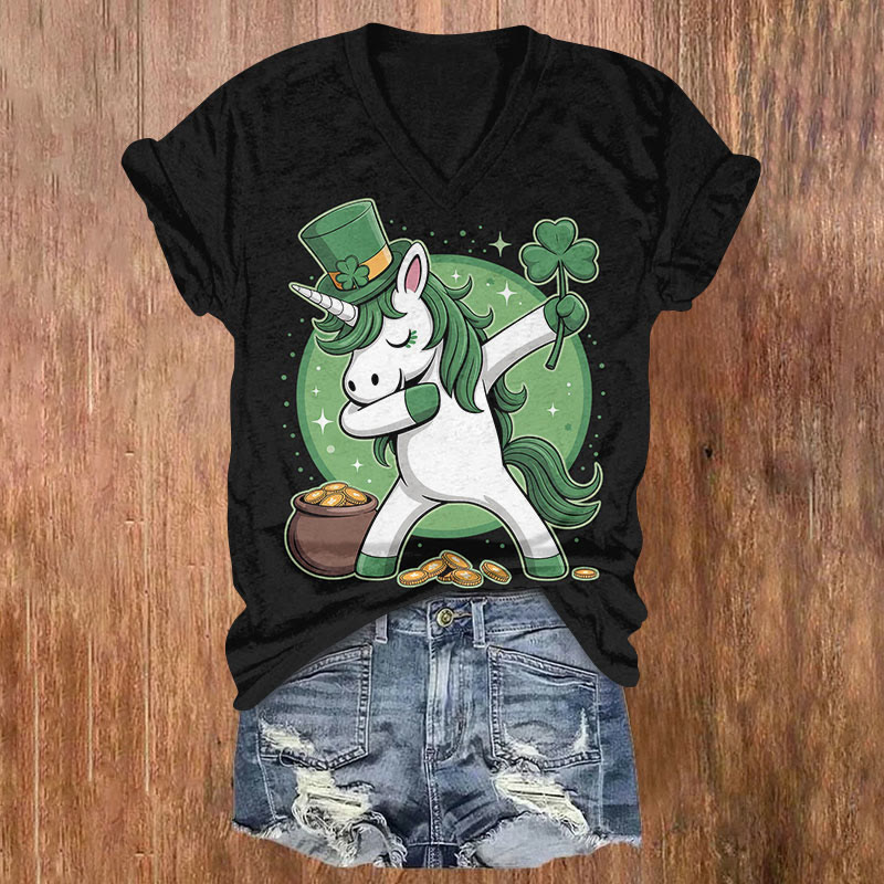 St. Patrick's Day Lucky Unicorn Print Short Sleeved V-Neck T-Shirt - Black - US32-34(5XL) - image 1