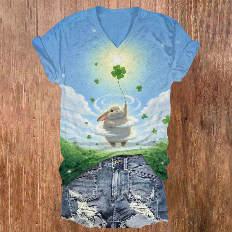 St. Patrick's Day Rabbits And April Grass  Print Short Sleeved V-Neck T-Shirt - Light Blue - US32-34(5XL) - image 1