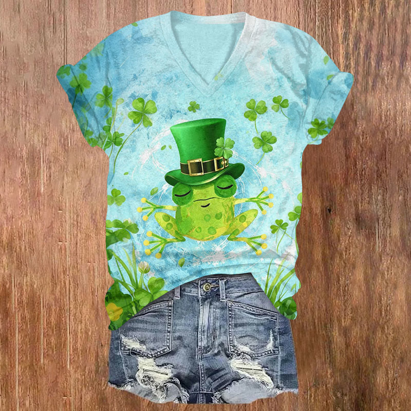 Saint Patrick's Day Frog Wearing A Top Hat Print Short Sleeved V-Neck T-Shirt - Light Blue - US32-34(5XL) - image 1
