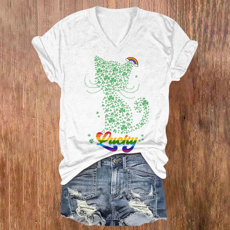St. Patrick's Day Lucky Cat Print Short Sleeved V-neck T-shirt - White - US32-34(5XL) - image 2