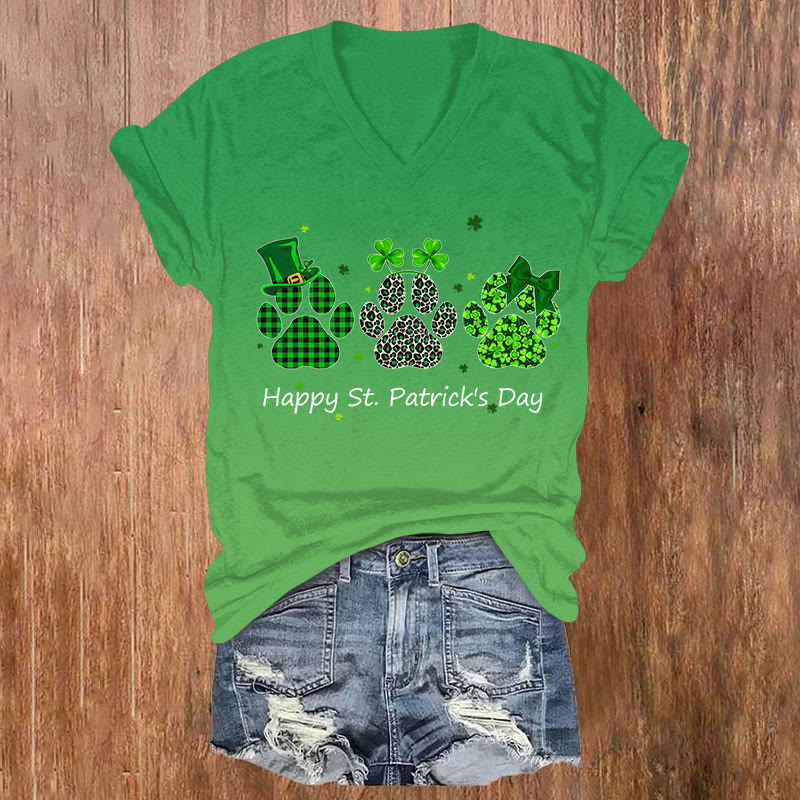 St. Patrick's Day Cat Paws Clover Print Short Sleeved V-neck T-shirt - Green - US32-34(5XL) - image 1