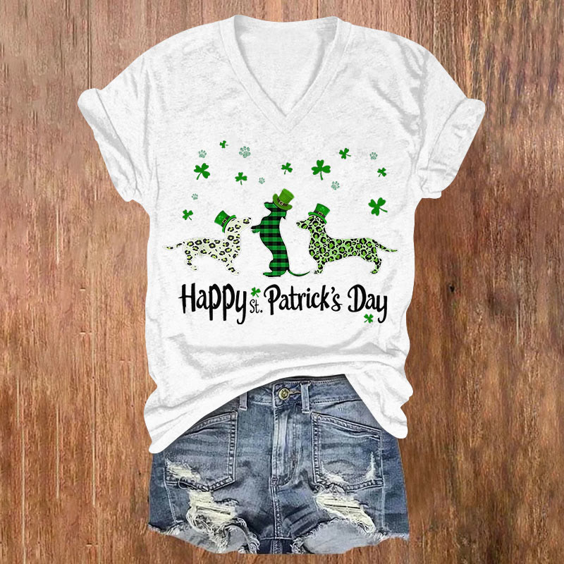 St. Patrick's Day Funny Dogs Print Short Sleeved V-neck T-shirt - White - US32-34(5XL) - image 1