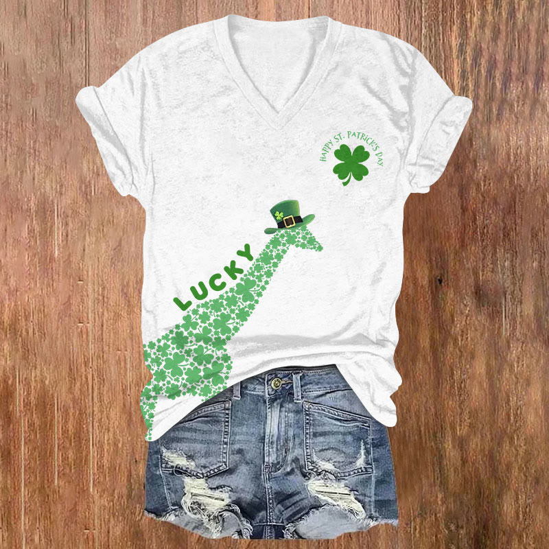 St. Patrick's Day Cute Giraffe Print Short Sleeved V-neck T-shirt - White - US32-34(5XL) - image 1