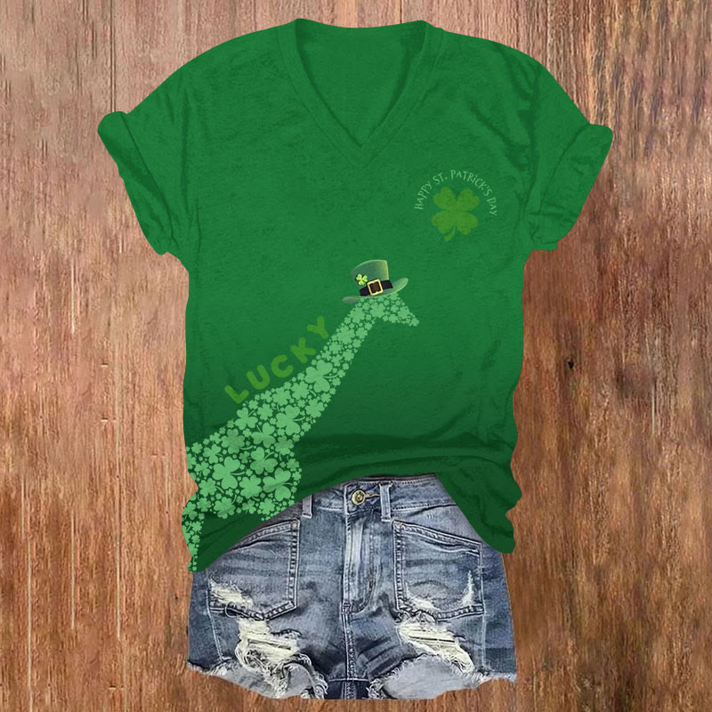 St. Patrick's Day Cute Giraffe Print Short Sleeved V-neck T-shirt - Green - US32-34(5XL) - image 2