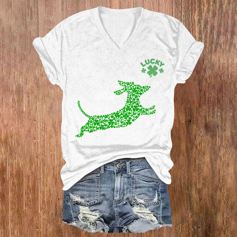 St. Patrick's Day Four-leaf Clover Dog Print Short Sleeved V-neck T-shirt - White - US32-34(5XL) - image 2